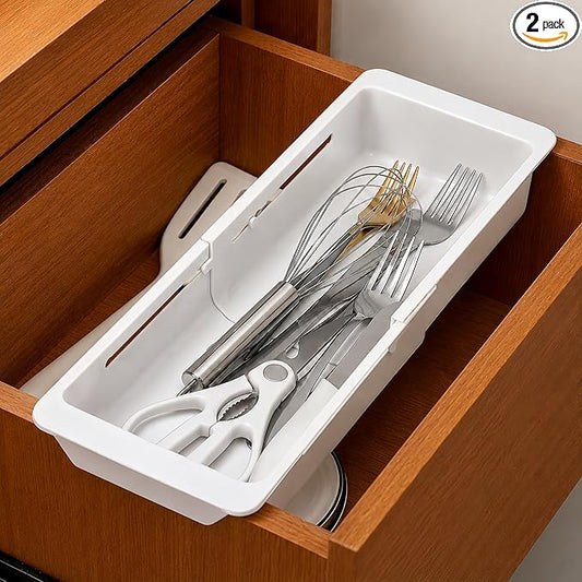 2-Pack Expandable Drawer Organizer for Deep Drawers, Adjustable 17–27 in Storage Tray, Durable PP Smooth Glide Divider for Kitchen, Vanity & Office, Space-Saving Design