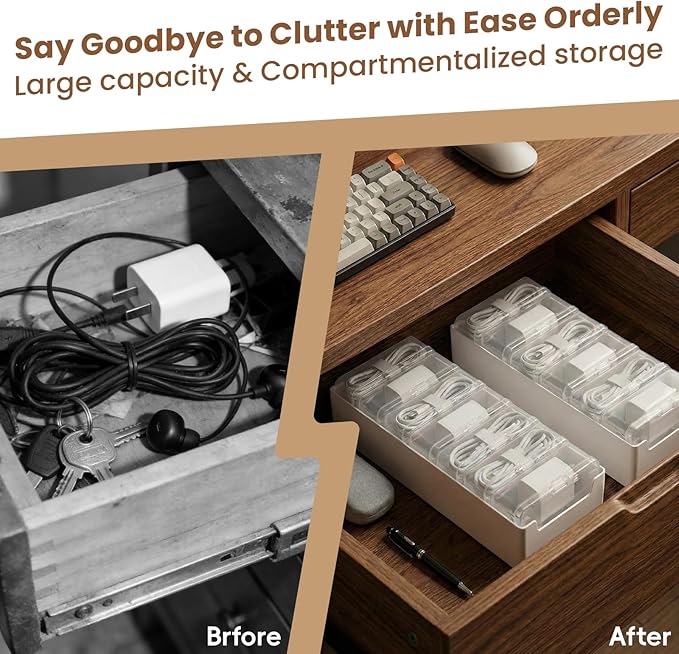 8 Individual Cable Organizer Boxes With Base, Cord Storage Organizer With Labels And Cable Straps For Charging Cables, Adapters, Earphones And Small Electronic Accessories (1 Pack)