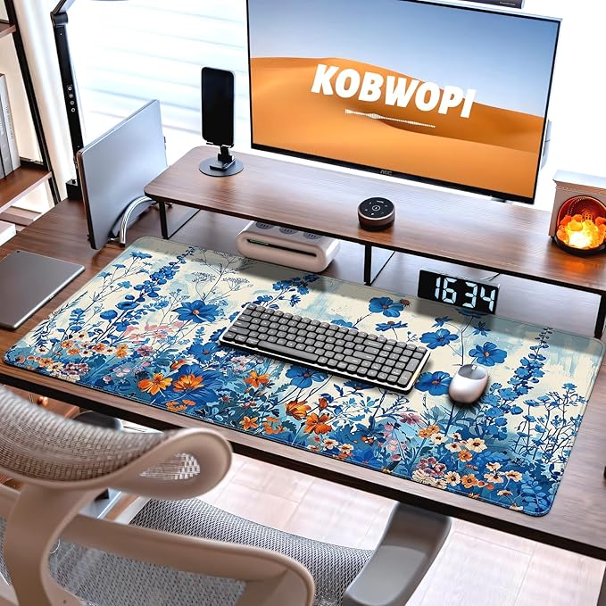 35.4 x 15.7 in, XXL Large Mouse Pad for Desk, Extended Keyboard Mouse Mat for Computer Office, Big Mouse pad with Stitched Edges, Gaming Pc-Blue Flower and Weeds