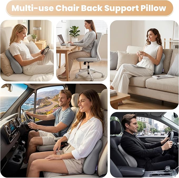 ZZ-WELL Lumbar Support Pillow - Back Support Pillow for Office Work Chair - Memory Foam Chair Back Cushion for Mid Lumbar Back Pain, Posture Improved - Adjustable Straps, Breathable Cover (Grey)