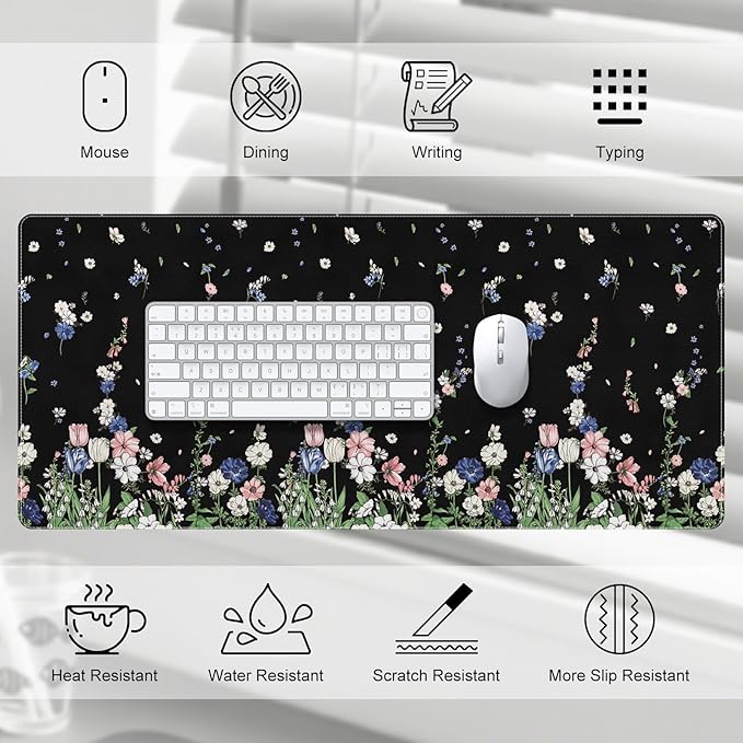 DINKY Leather Desk Protector Mouse Pad, Large Keyboard Mat, Non-Slip PVC Leather Blotter, Black Laptop Pad, Waterproof Writing Pad for Office Home 35.4" x 15.7", Flower Rain
