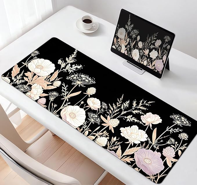 Boho Floral Large Mouse Pad, Black Aesthetic Wildflower Desk Mat, Non-Slip Extended Keyboard Pad, Retro Flower Vintage Botanical Art Mousepad for Women Home, Office, Gaming, 31.5x11.8 Inch