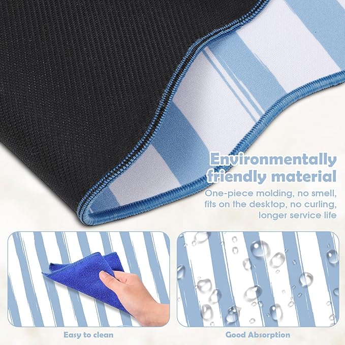 Copkim 1 Pcs Blue Scalloped Striped Desk Mat 31.5 x 11.8 Inch Large Cute Mouse Pad Computer Mat Non Slip Waterproof Rubber Base with Border Stitching Soft Keyboard Pad for Home Office Gaming Makeup