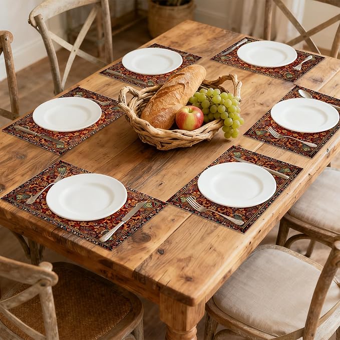 Linen Placemats Set of 6, Fall Boho Carpet Orange Brown Washable Table Mats 12x18 Inch, Heat Resistant Non Slip Placemats for Dining Table Kitchen Everyday Use