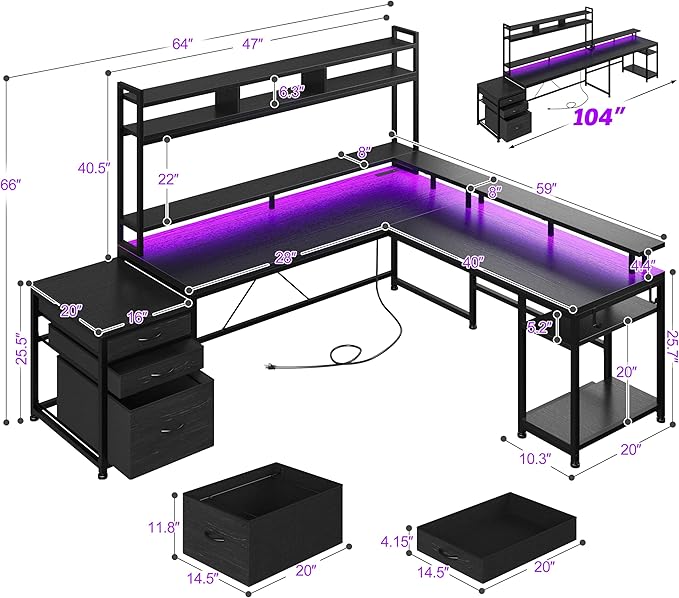 EnHomee 104'' L Shaped Gaming Desk, Reversible Two Person Corner Computer Desk with Power Outlet & LED Lights, Monitor Stand & 3 Drawers, Home Office Workstation for Living Room, Black