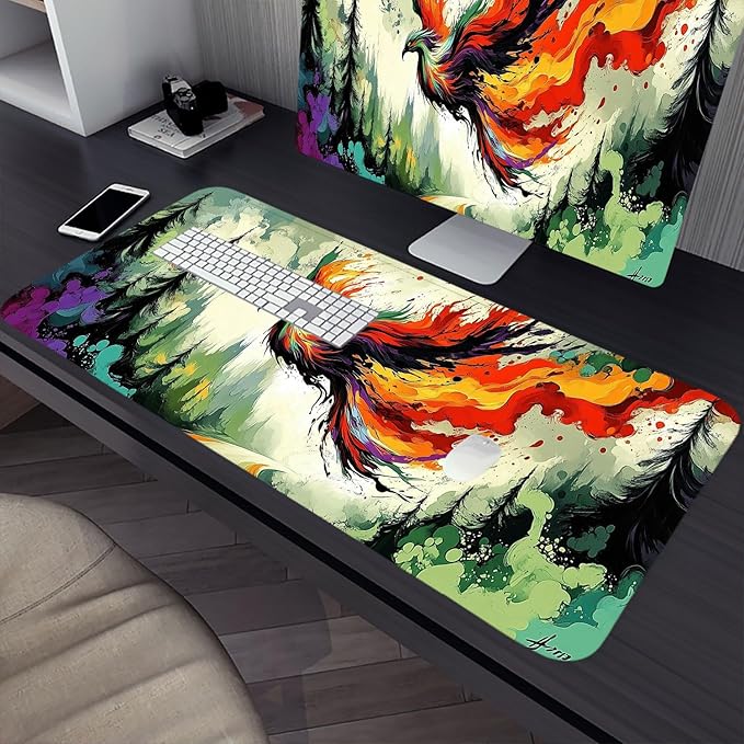 Phoenix Gaming Mouse Pad Fantasy Bird Colorful Ink Splash Art XL Mouse Pad Large Mousepad Extended Laptop Keyboard Mat Gaming Desk Pad Mouse Mat 31.5"x11.8" Office Home Decor for Women Girl