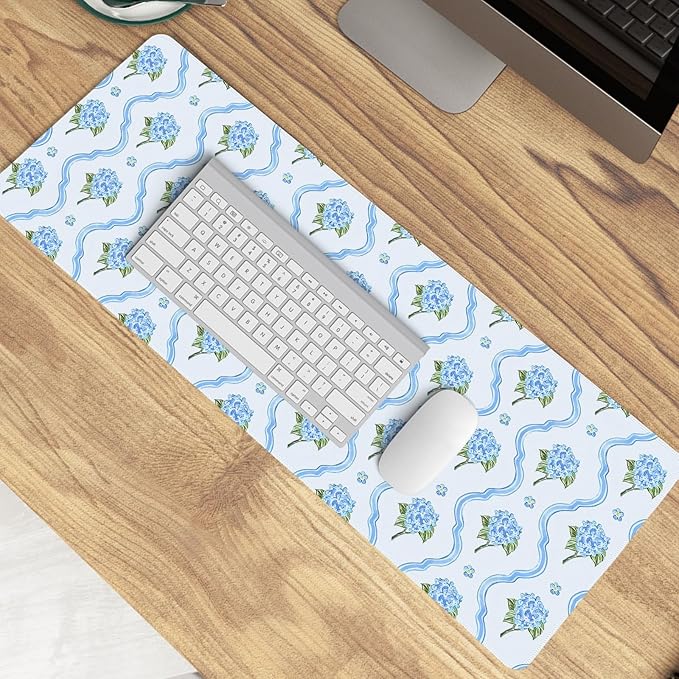 Light Blue Hydrangea Floral Large Mouse Pad,Summer Preppy Cottagecore Desk Mat,Aesthetic Blue and White Flower Botanical Mousepad,for Home Office Dorm Desktop Decor,31.5x11.8 Inch