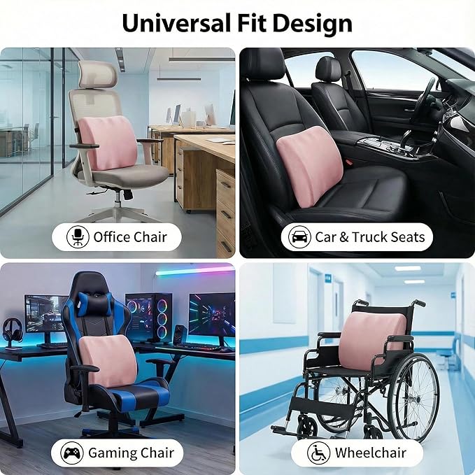 Poshetion Lumbar Support Pillow for Office Chair & Car – Memory Foam Back Cushion with Adjustable Straps & Breathable Mesh Cover（Pink）