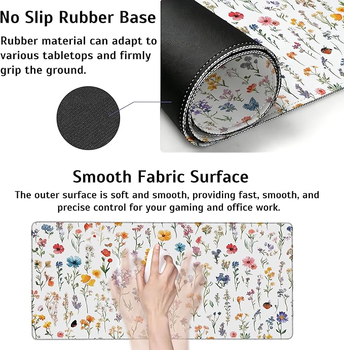 Large Gaming Mouse Pad Wild Flower Desk Mat,Non-Slip Rubber Base Stitched Edges,Extended Mousepad for PC,Laptop,Office,Home Decor(31.5 x 11.8 Inch)