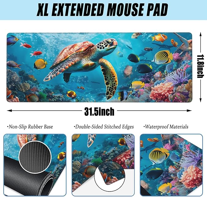 XL Mouse Pad,Sea Turtle with Colorful Fish Large Gaming Mouse Pad,The Underwater World Desk Mat,Extended Big Computer Keyboard Desk Pad with Non-Slip Base Stitched Edges 31.5"x11.8"