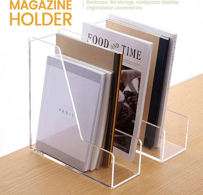 HeZone Magazine Holder, Clear Acrylic Desk Organizers, File Organizer for Desk, Magazine Rack- Desktop Book Storage -Independent Vertical 1 Space-2 Pack