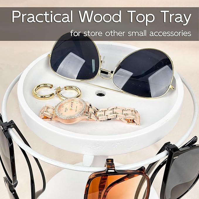 Sunglasses Organizer 360° Rotating Eyeglass Holder Stand with Wood Tray and Base, Eye Glass Display Rack for Multiple Sunglass Storage for Table Dresser Nightstand Desk (White)