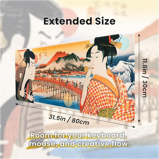 BELLEMOND Japanese Art Desk Mat | Large 31.5x11.8in Anime Mouse Pad for Keyboard & Mouse | Non-Slip Base, Water-Repellent | Original Japanese Design | Edo Lovers