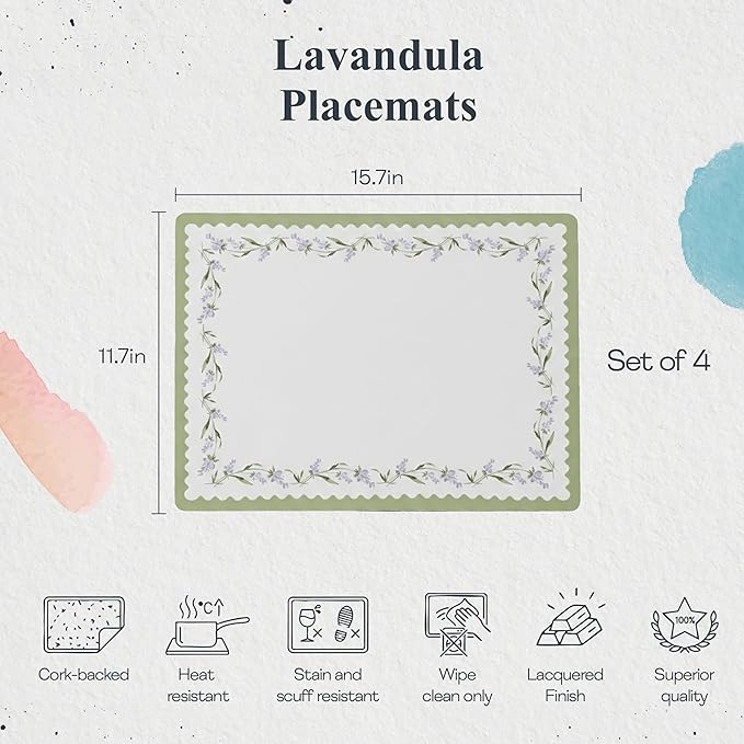 Pimpernel Lavandula Placemats, Set of 4 - Heat Resistant Rectangular Table Mats with Lavender Floral Artwork, Decorative Dining Placemats for Home Entertaining & Daily Use Table Settings (12" x 16")