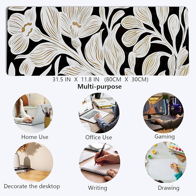 Black Beige Floral Mouse Pad,Vintage Botanical Desk Mat,Medieval Aesthetic Neutral Flower Large Mousepad for Home Office Dorm Desktop Decor,31.5x11.8 Inch