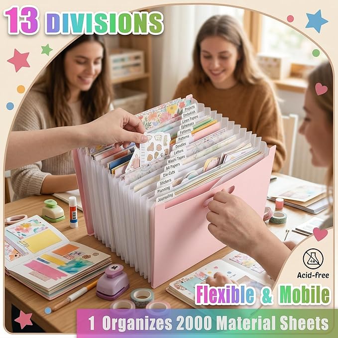 12x12 Scrapbook Paper Storage Organizer with 13 Expandable Pocket, Large Scrapbook Paper Storage for Craft Room Sticker Storage and Organization, Desktop Paper Holder (Cream)