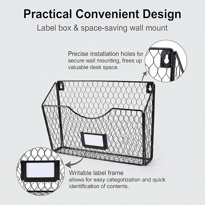 PAG 3 Pockets Hanging File Holder Wall Mount Mail Organizer Metal Chicken Wire Magazine Rack with Tag Slot, Black