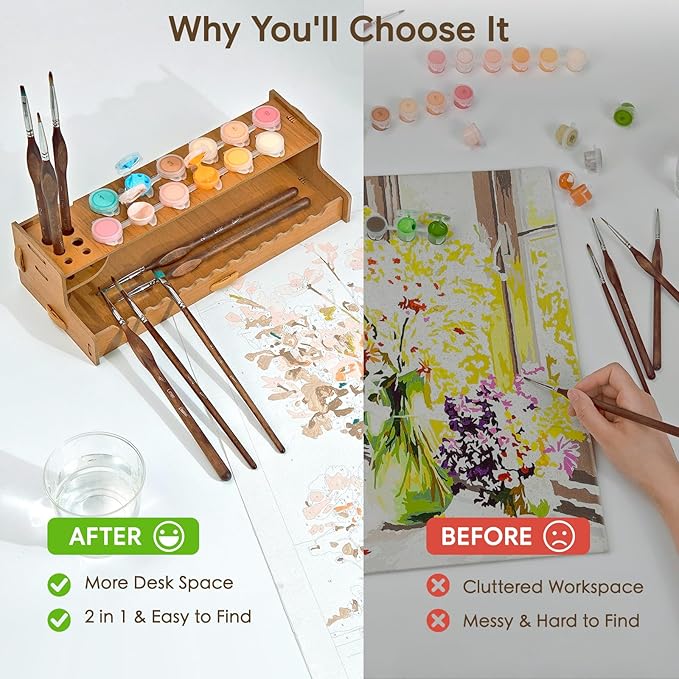 Bougimal 12 Pcs Detail Paint Brushes and Wooden Organizer Rack 2-in-1 Set, Holds Detail Brushes for Easy Access & Optimizes Workspace, Paint by Numbers Kits Accessories and Tools for Adults