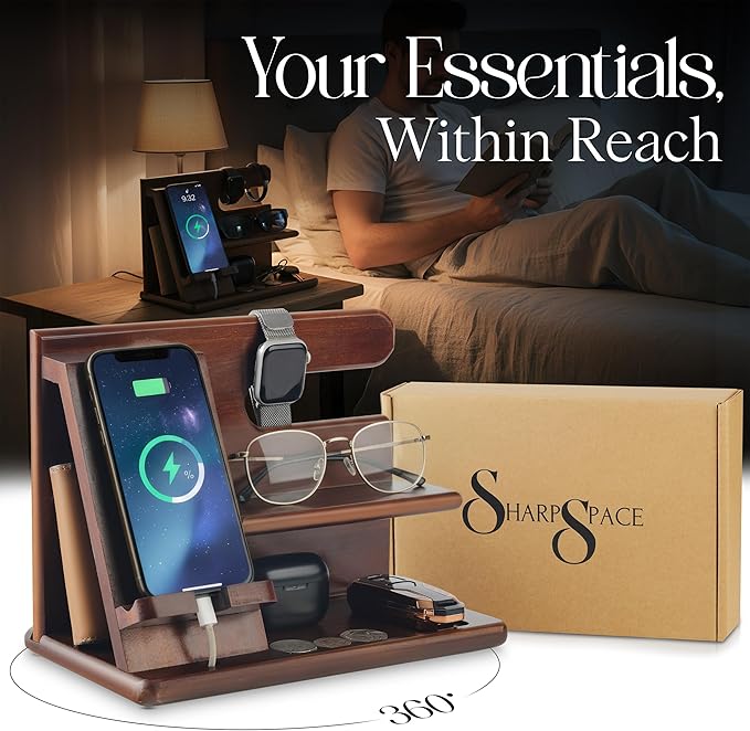 Wood Phone Docking Station for Men - 360° Rotating Nightstand Organizer with Rotating base, Charging Slot, Holds watch, Wallet, Keys, Eyewear - Birthday Gifts for Men & Women, Bedroom or Office Use, Dark Brown