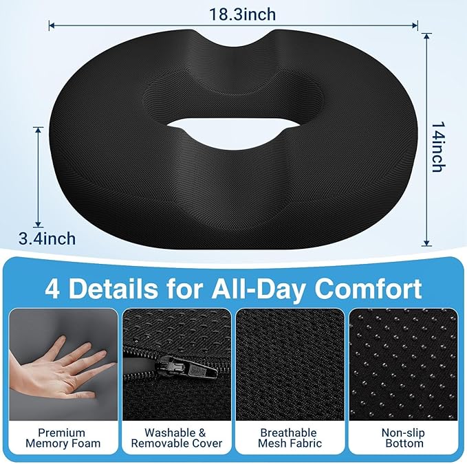 CushZone Donut Pillow for Postpartum Pregnancy - Large Ergonomic Chair Seat Cushions, Office Chair Cushion, Breathable Hemorrhoid Pillow, Lifting Chair Pads for Sitting, After Surgery(Black, XL)