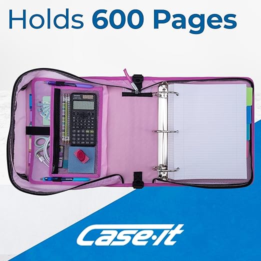 Case-it Mighty Zip Tab School Zipper Binder | 3-Inch O-Rings, 600-Sheet Capacity, 5-Subject Expanding File Folder, Multiple Pockets & Storage Organizer, Shoulder Strap | D-146 Summer Plaid