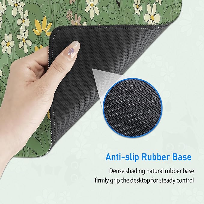Large Green Gaming Mousepad,Cat Cute Desk Decor Mat,Kawaii Black Cat Plant Aesthetic Extended Keyboard Mouse Pad with Non-Slip Base and Stitched Edge,31.5 x 12in