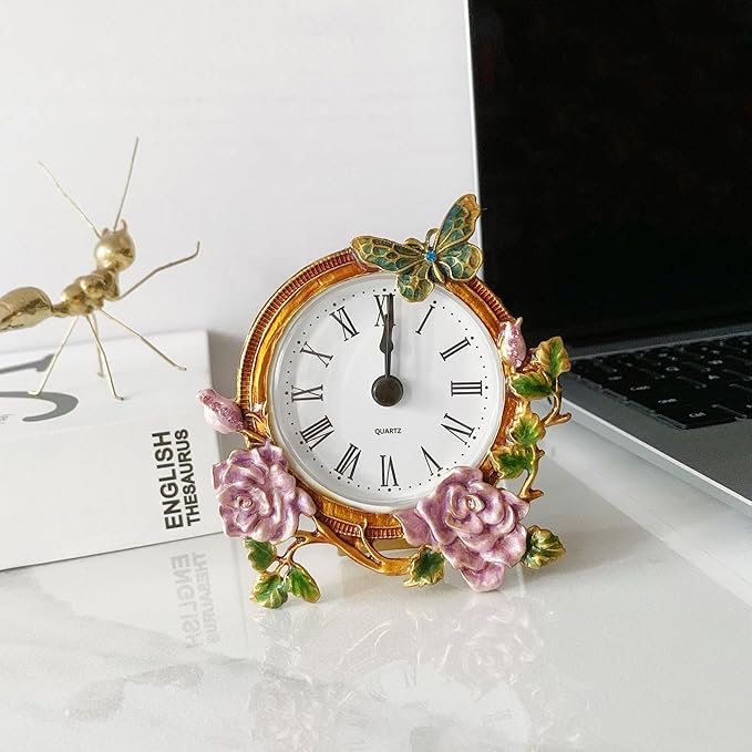 Silent Mini Vintage Analog Table Clock with Hand-Painted Metal Body and Battery Operated Non-Ticking Core for Shelf, Bedroom, Bedside, Desk, Gift Clock