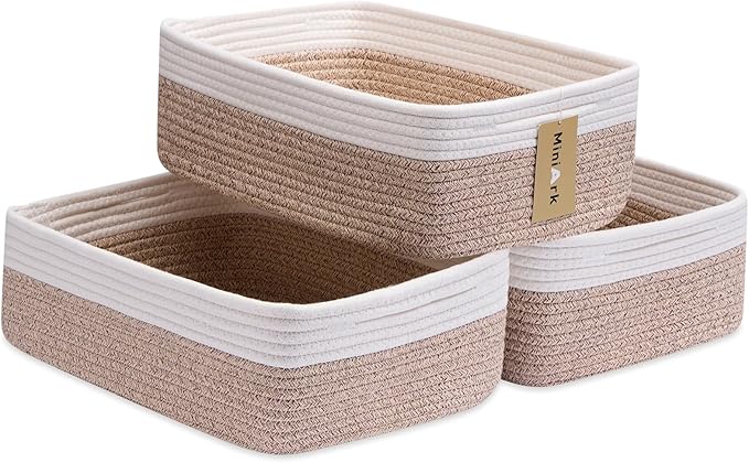MiniArk Large Shallow Organizing Baskets 15x11x5.1 Inches - Rope Woven Storage Bins for Bathroom, Shelves, Cube Closet, White Mixed Brown 3 Packs