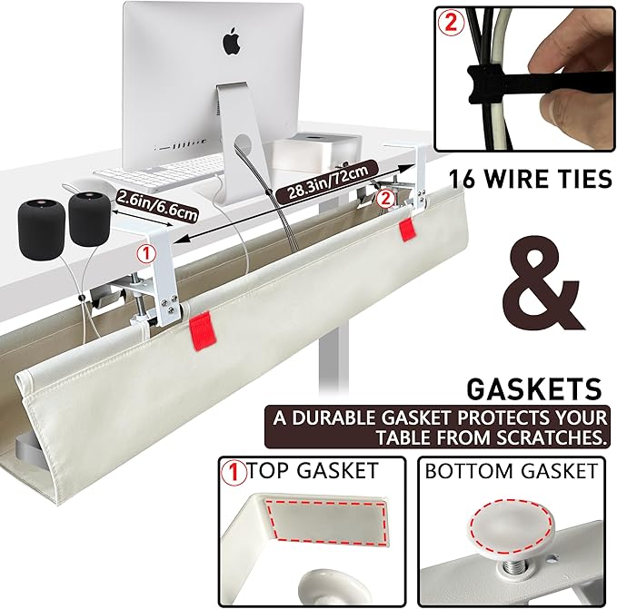 Under Desk Cable Management No Drill – 48" L x 6" W Cord Organizer, Upgraded Silicone Pads (No Scratch!), 16 Cable Slots, Washable PE Honeycomb Base, Fits Desks 0–2.1" Thick, Beige