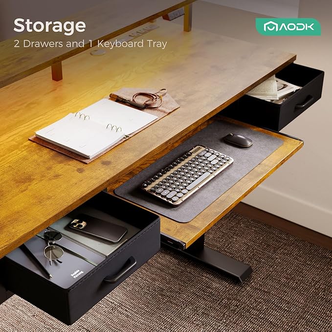 AODK Electric Standing Desk with Drawers & Keyboard Tray, 55 Inch Height Adjustable Gaming Desk with Power Outlets & LED Lights, Sit Stand Table with Monitor Stand for Home, Office, Rustic Brown