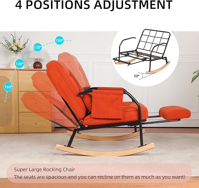 Oversized Reclining Rocking Chair with Foot Rest, 110°–160° Adjustable Backrest, Upholstered Armchair with Side Pocket for Nursery and Living Room, Brown