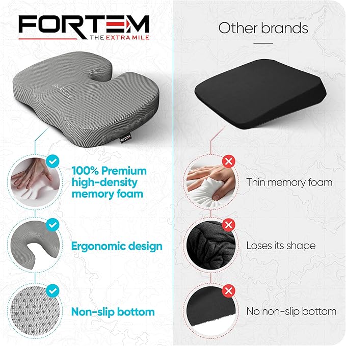 FORTEM Seat Cushion, Office Chair Cushion, Memory Foam Car Seat Cushions, Sciatica Coccyx Tailbone Pain Relief, Chair Cushions for Back Support, Sitting Pad for Gaming, Washable Cover, Non Slip, XL