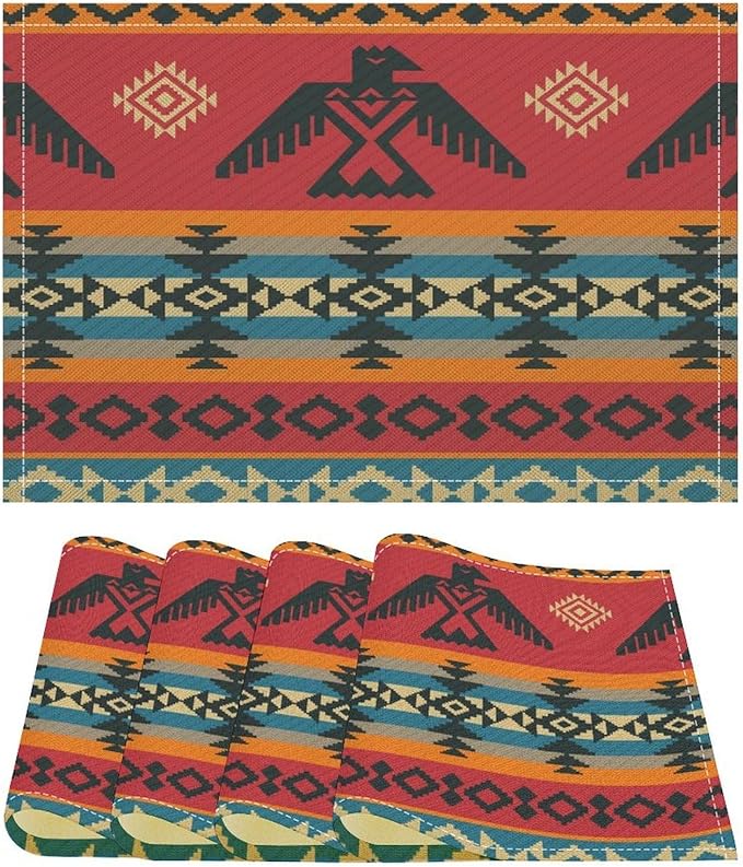 Vintage Aztec Southwest Placemats Ethnic Style Design Boho Geometric Pattern Linen Washable Table Mats Stain Heat-Resistant Desktop Decor Place Mats for Home Kitchen Dining Party 12x18 in 6 Pcs