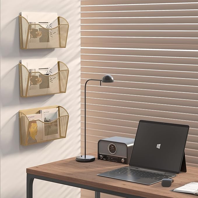 EasyPAG 3 Pack Wall File Organizer, Metal Mesh Hanging File Folder Holder for Letter/A4 Size Folders, Vertical Wall Mount Mail Sorter for Office Paperwork, Classroom, Gold