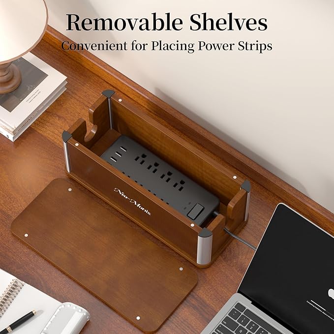 Delamu Wooden Cable Management Box, Retro-Inspired Cord Organizer Box for Home Office, Large Cord Hider Box Hides Cords and Power Strips, Floor Cord Covers, 14.3" x 6.0" x 5.5", Dark Brown
