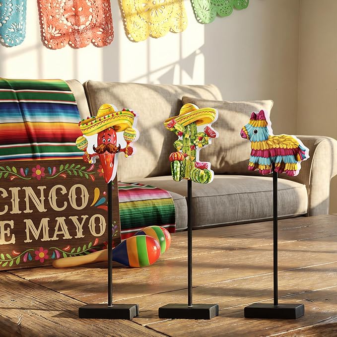 Smile Cinco De Mayo Tabletop Decor Mexican Fiesta Standing Figures (Cactus, Chili Pepper, Piñata) with Wooden Base & Sticks for Tiered Tray & Party Display