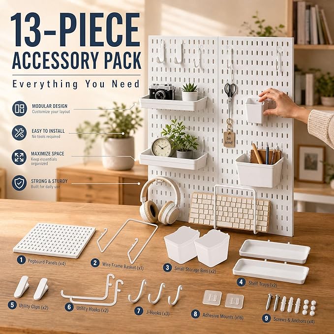 AKTOP Peg Board Wall Organizer 4-Pack – 12"x12" White Pegboard Combination Kit with 13 Accessories for Wall, Plastic Peg Board Panels for Home, Office, Garage Tool Storage & Craft Room