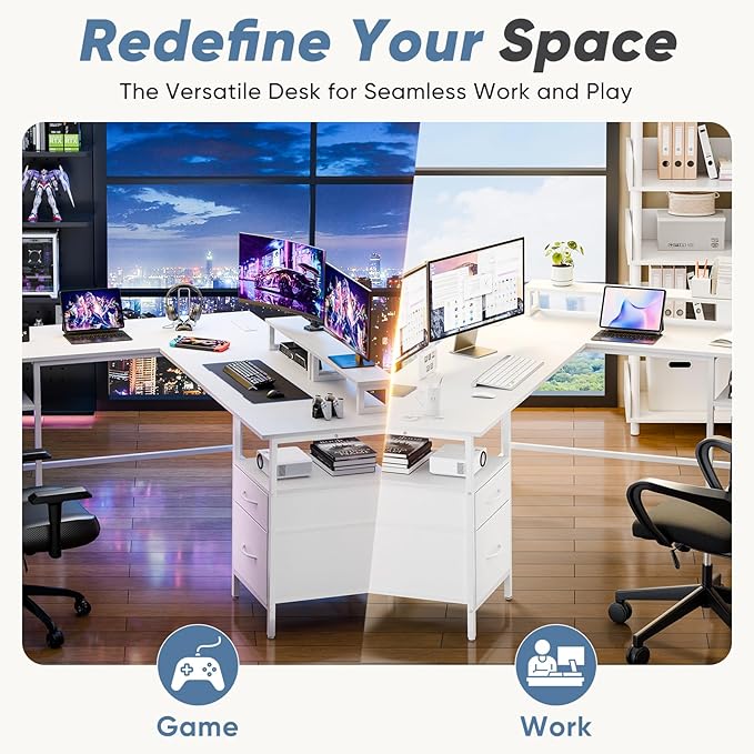 DUMOS 62 Inch L Shaped Gaming Desk with Charging Station & 2 Monitor Stands, Computer Desk with Drawer & Adjustable Storage Shelves, Large Corner Desk for Home Office, Light White