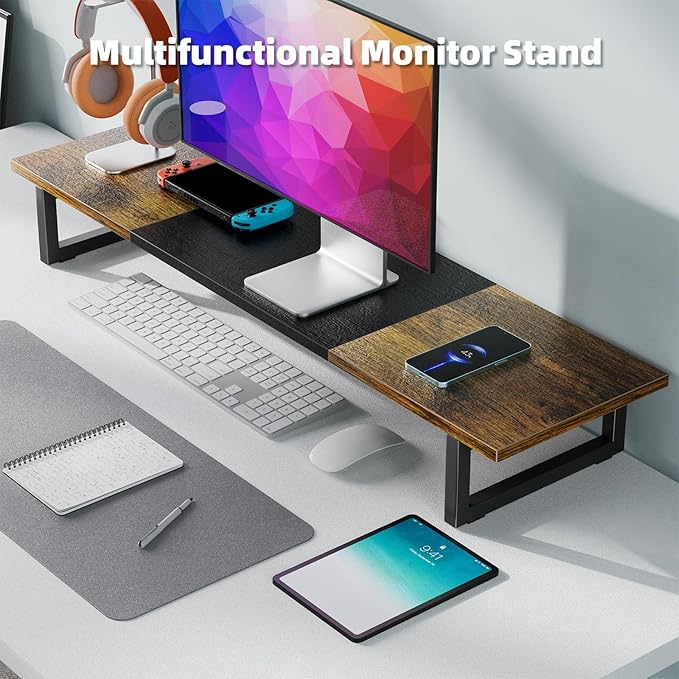 Simple Trending 38 Inch Dual Monitor Stand Riser, Wood and Steel Desk Organizer for 2 Monitors, Home Office, Rustic Brown