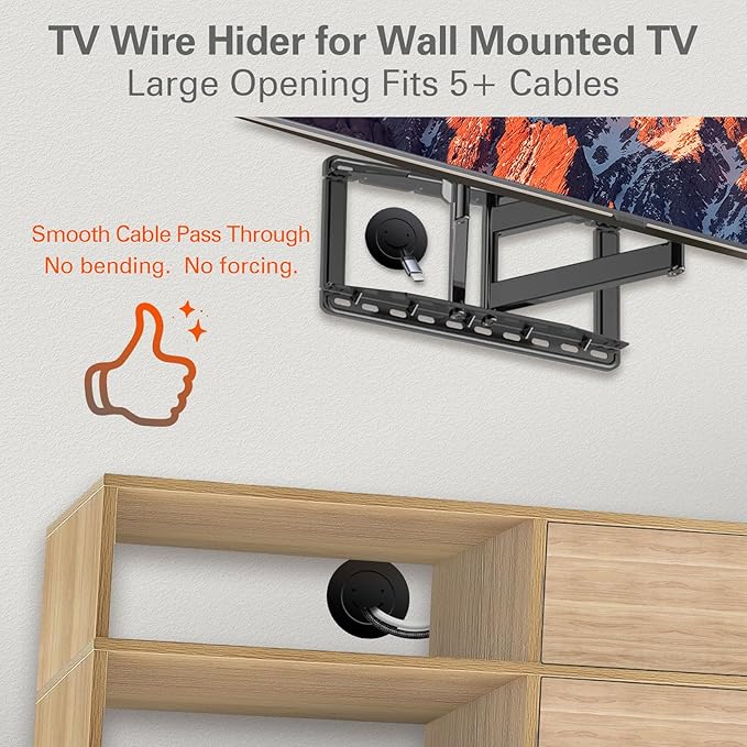 in Wall Cable Management Kit, Large Opening Cable Pass Through (Fits 5+ Cables), 2-Pack Wall Grommets with Drywall Hole Saw for Easy Install, TV Cord Hider for Wall Mounted TV - Black