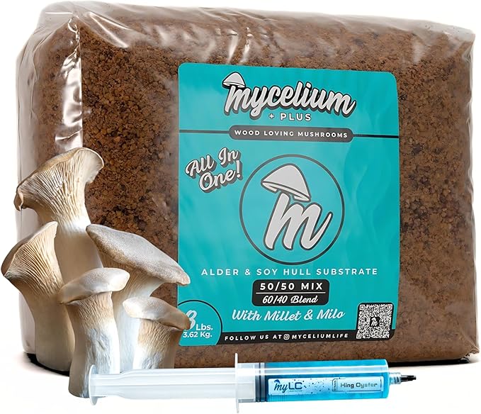 Mycelium Mushroom Growing Kit, King Oyster Gourmet I Alder & Soy Hull Substrate I High Yield Proprietary Mix I Sterile Grow Bag with 20ml Liquid Culture Syringe for Starter & Pro Home Growers, 8lbs