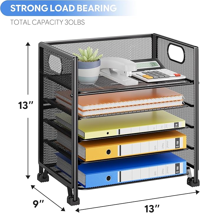 Simple Trending 5-Tier Paper Organizer for Desk– Letter Tray & File Holder with Handle, Metal Mesh Desktop Document Shelf for Office, Black