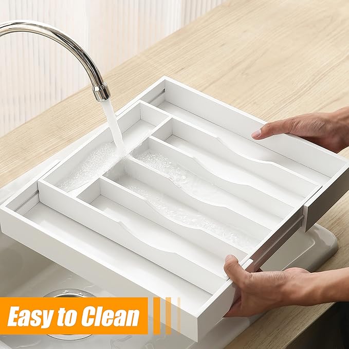 Bellsal White Silverware Organizer Kitchen Drawer Organizer Expandable Bamboo Utensil Holder Cutlery Tray for Kitchen Utensil and Flatware Bedroom Office