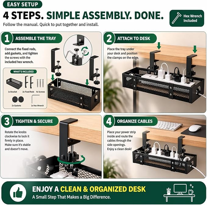 Under Desk Cable Management Tray, Metal Desk Cord Organizer, Adjustable Clamp, No Drill, Durable Desk Cable Organizer – 13.4''