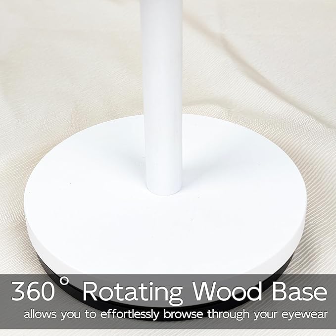 Sunglasses Organizer 360° Rotating Eyeglass Holder Stand with Wood Tray and Base, Eye Glass Display Rack for Multiple Sunglass Storage for Table Dresser Nightstand Desk (White)