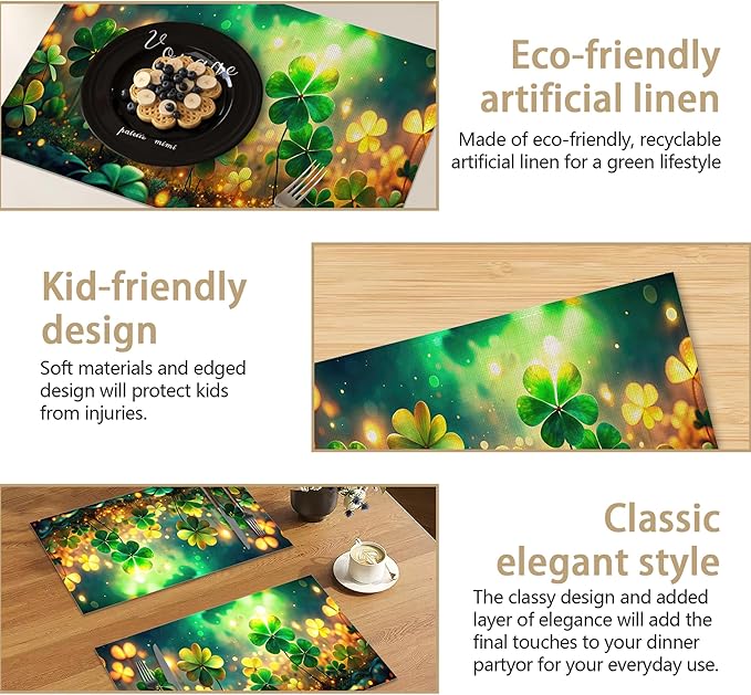 Linen Placemats Set of 6, St Patrick's Day Green Grass Washable Table Mats 12x18 Inch, Heat Resistant Non Slip Placemats for Dining Table Kitchen Everyday Use