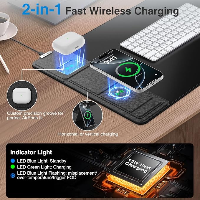 Wireless Charging Mouse Pad with Foldable Phone Holder, 31.5"x15.8" Large Desk Mat for Laptop/Keyboard, Waterproof Ultra-Smooth Surface, Non-Slip Base, Black