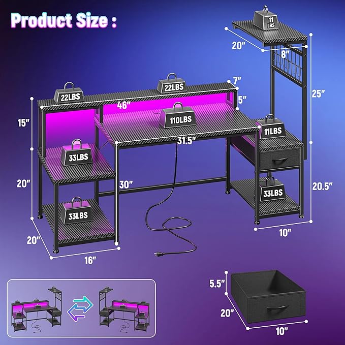 DurayLoly 55" Gaming Desk with LED Lights & Outlets,Computer Desk with Drawers & Monitor Stand,Gaming Table with 3 Storage Shelves, Hooks& Printer Space for Game&Study Room,Home Office,Bedroom,Black