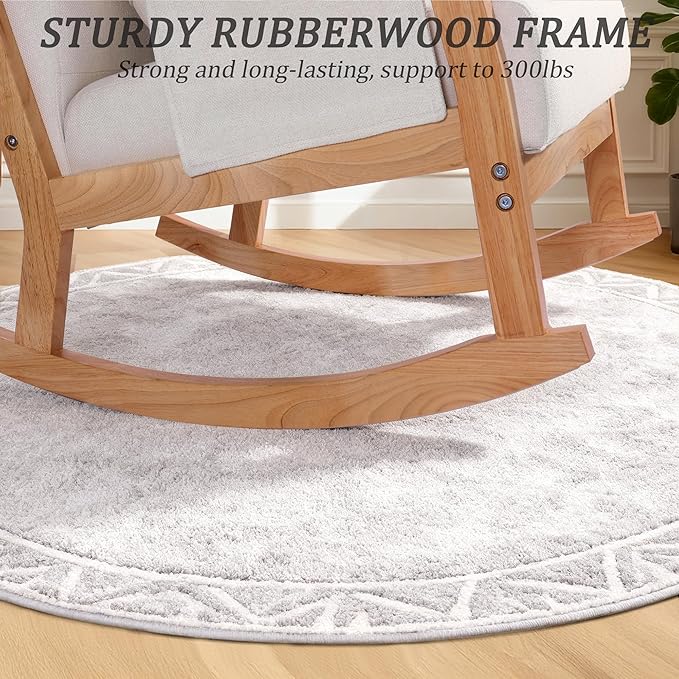 NOBLEMOOD Rocking Chair Indoor with Ottoman, Upholstered Rocking Chair with Lumbar Pillow, Side Pocket, High Back Solid Wood Frame Rocker with Footrest for Living Room