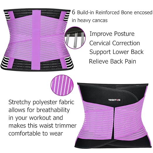 TESETON Back Support Brace Belt for Men & Women, Breathable Lumbar Support Belt, scoliosis back brace, Waist Relax Lower Back Pain & Sciatica Pain Relief with 8 reinforced Bones 02 Purple-XXL